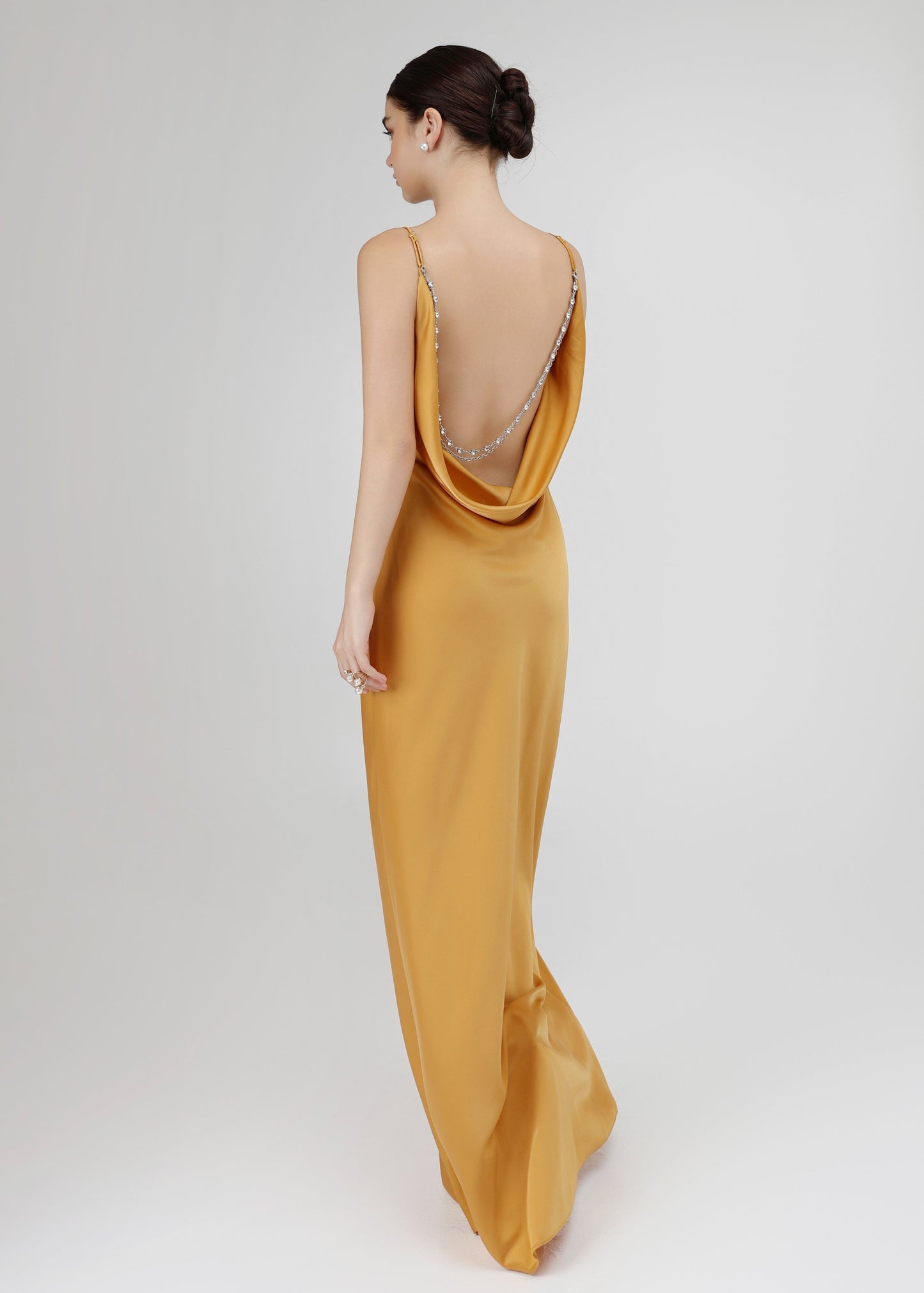 The Aurora Dress - Golden Silk Gown with Draped Cowl Neck and Chain Detail