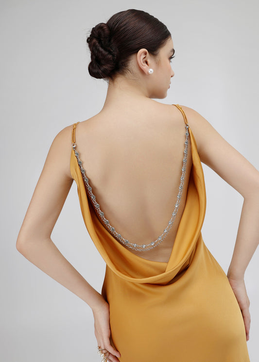 The Aurora Dress - Golden Silk Gown with Draped Cowl Neck and Chain Detail