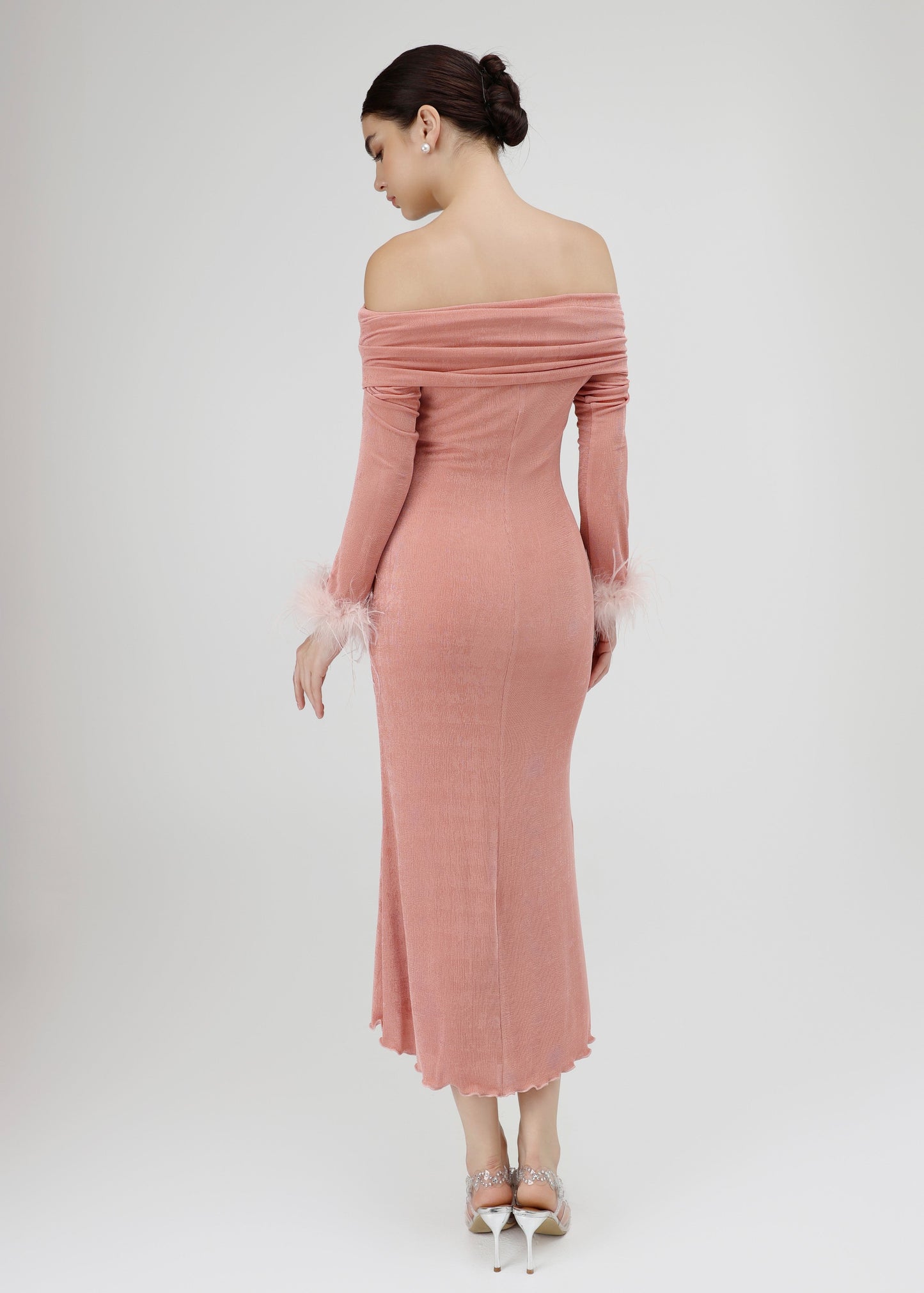 The Blush Dress – Luxe Off-Shoulder Pink Midi Dress with Feathered Sleeves