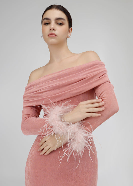 The Blush Dress – Luxe Off-Shoulder Pink Midi Dress with Feathered Sleeves