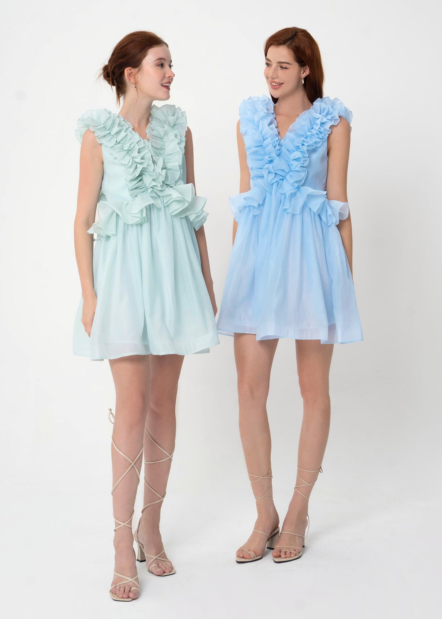 Bubble Gum Dress - Playful Ruffle-Trimmed Babydoll Dress in Airy Pastel Chiffon.