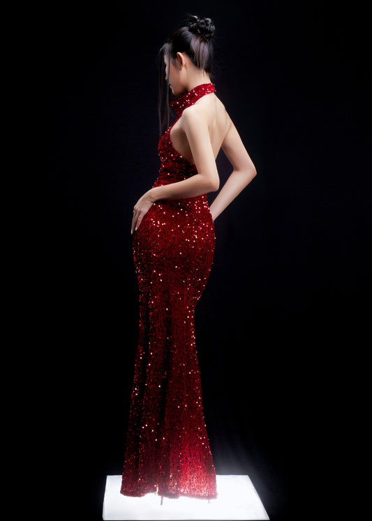 The Empress Dress – Show-stopping Red Sequin Gown with Halter Neck and Fitted Silhouette - Em de Maison