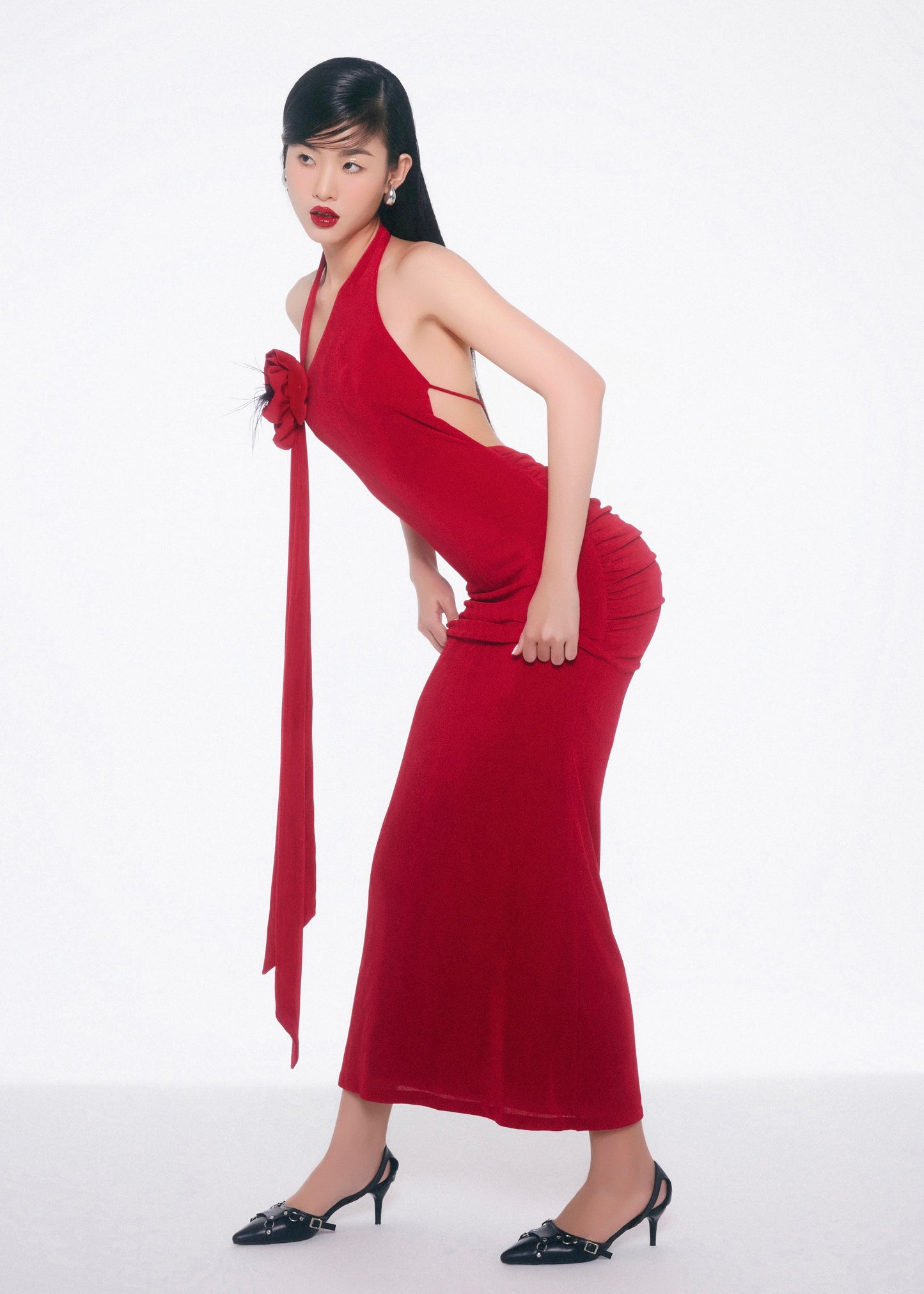 The Envy Dress – Sophisticated Red Bodycon Asymmetric Dress with Chic Floral Detail - Em de Maison