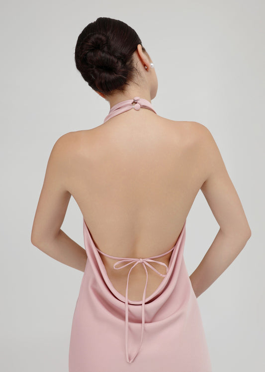 The Essence Dress – Refined Satin V-Neckline Dress with Bow-Tie Detail and Open Back