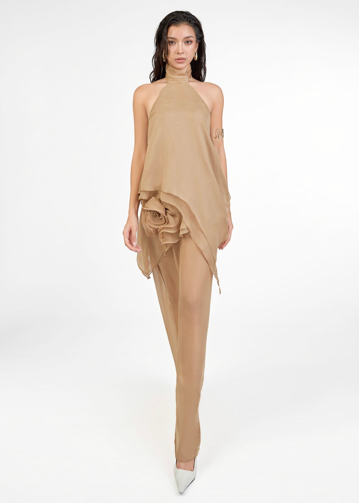 The Haven Dress – Romantic Rose-Adorned Halter Neck Chiffon Dress - Em de Maison