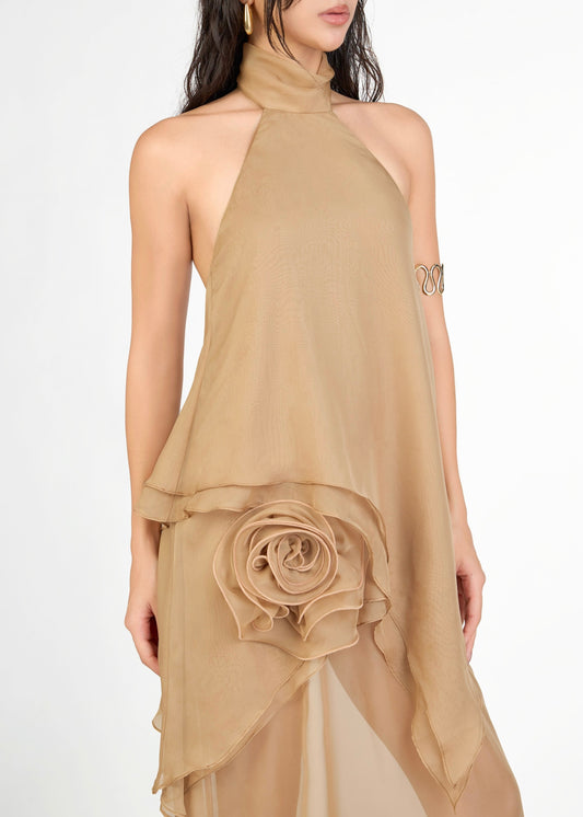 The Haven Dress – Romantic Rose-Adorned Halter Neck Chiffon Dress - Em de Maison