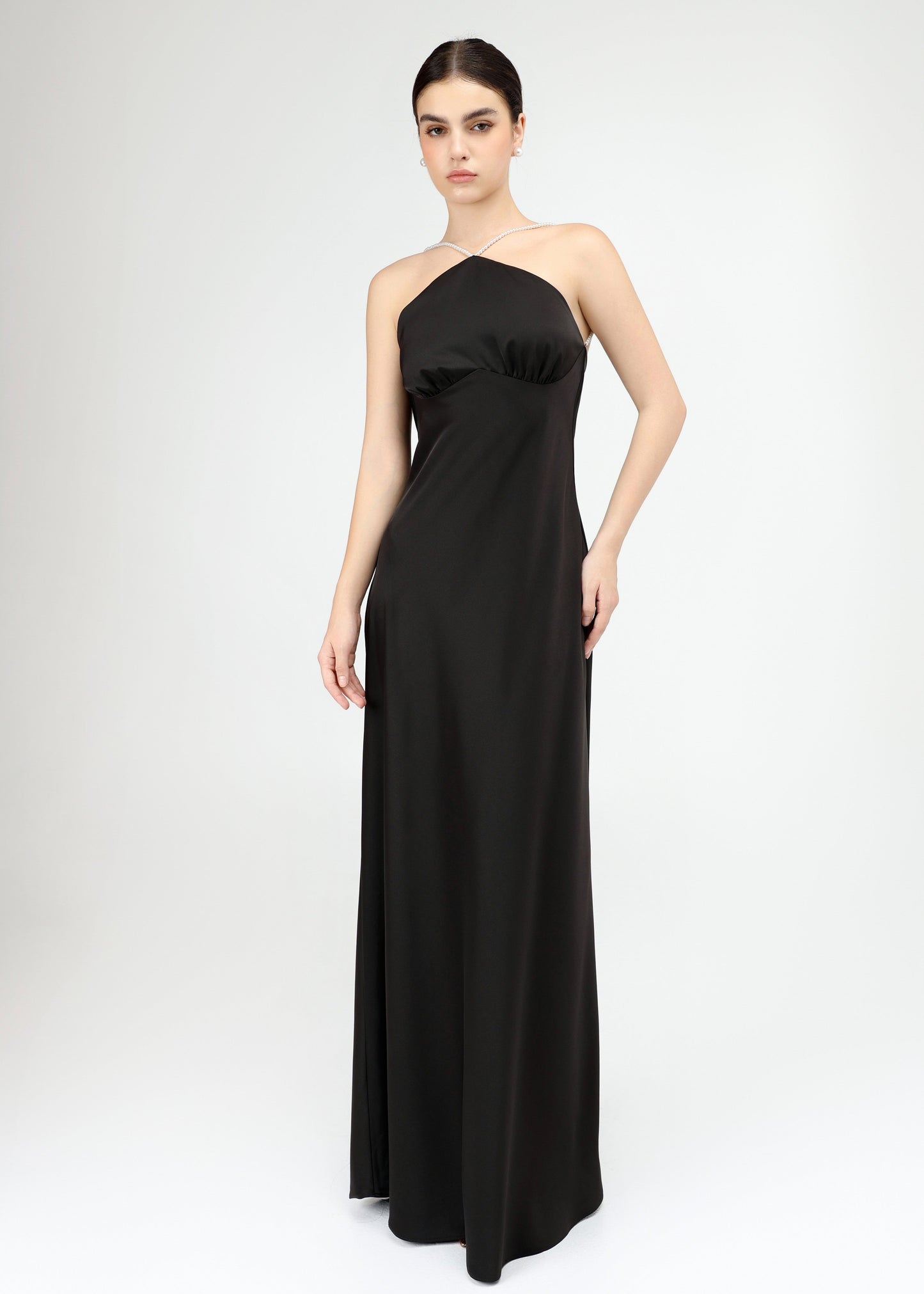 The Muse Dress - Timeless Halter Silky Dress with Pearl Straps and Open Back