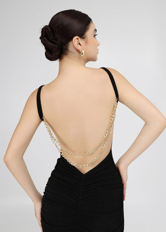 The Mystic Dress - Glamorous Black Dress with Cascading Gold Chains and Open Back