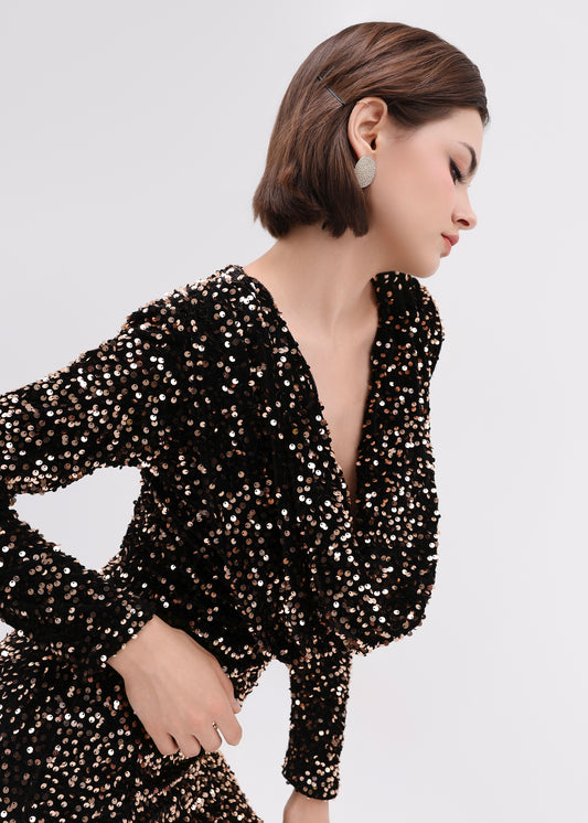 The Noir Dress – Shimmering Black Sequin Mini Dress with V-Neck and Fitted Long Sleeves