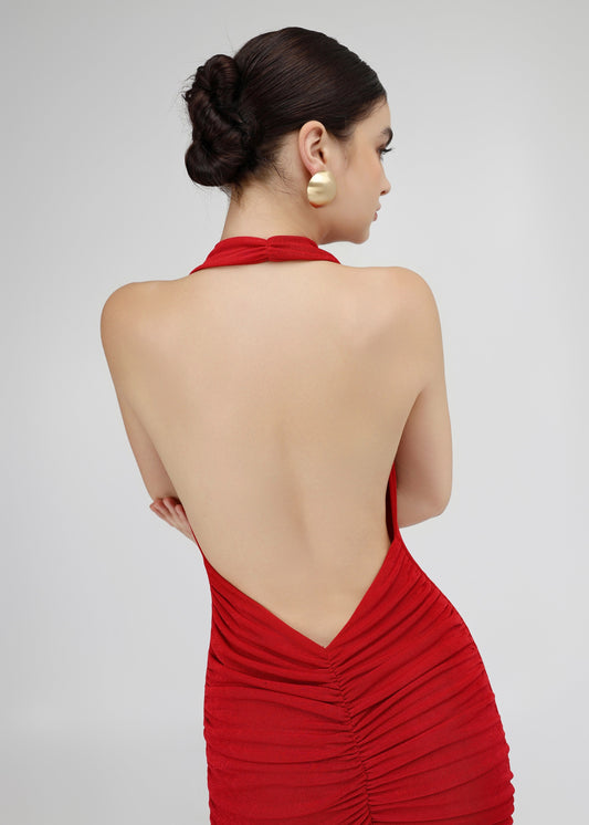 The Ruby Dress - Bold Red Draped Cowl Neck Gown with Open Back and Ruched Detailing