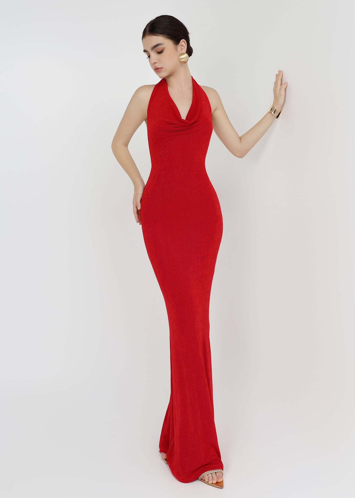 The Ruby Dress - Bold Red Draped Cowl Neck Gown with Open Back and Ruched Detailing