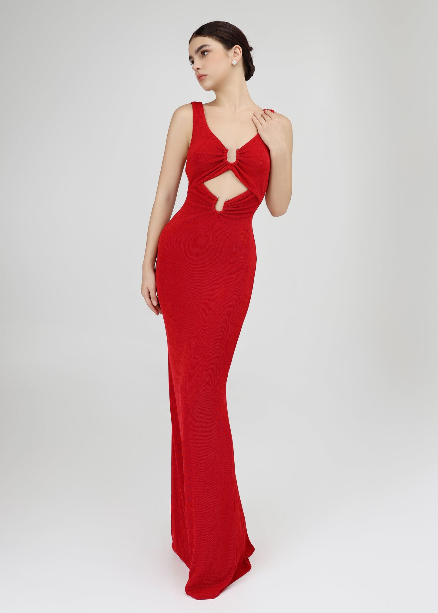 The Scarlet Dress - Sensual Red V-Neckline Midi Dress with Front Cut-out
