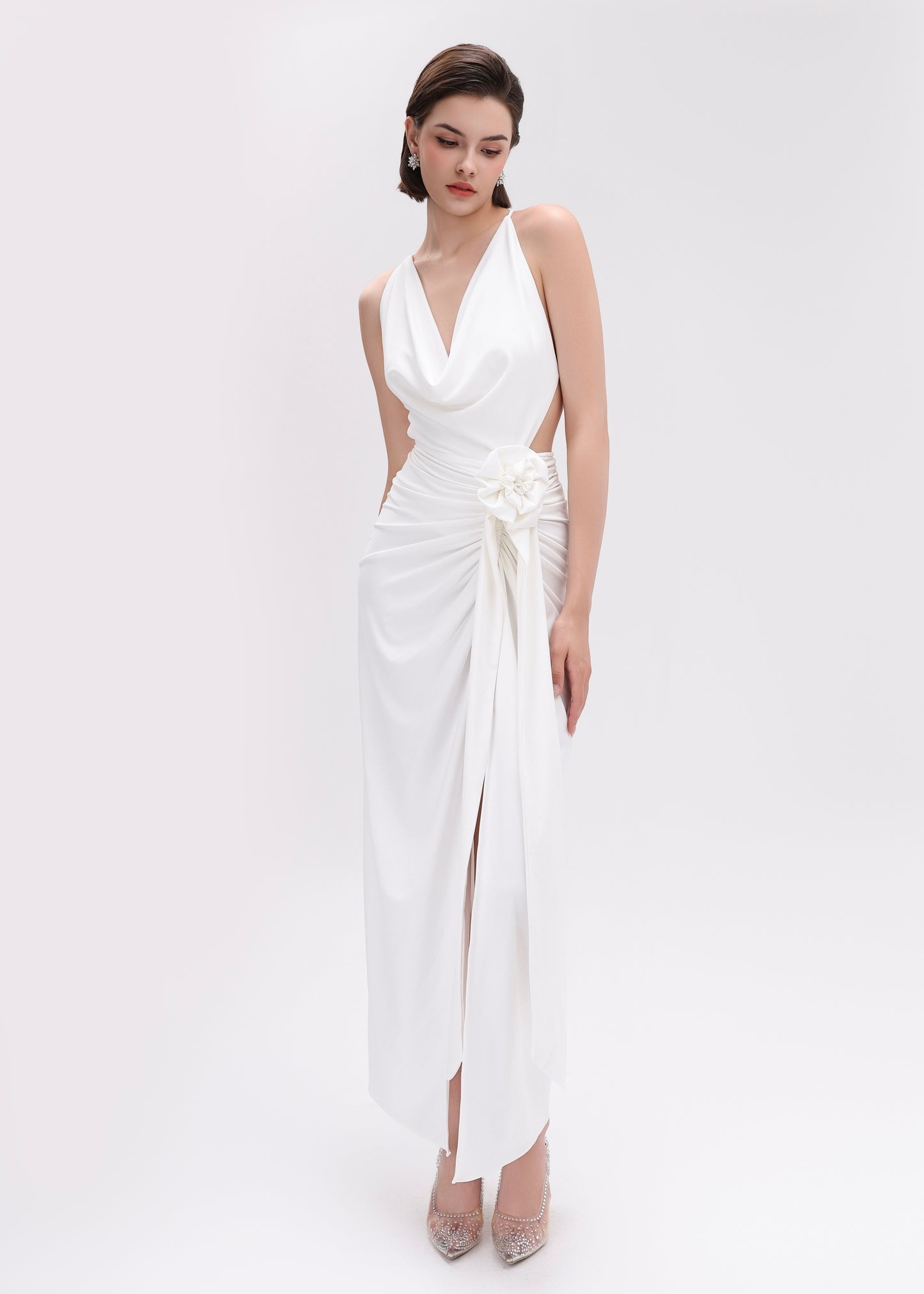 The Grace Dress - A daring, curve-hugging gown with cutouts, a high slit, and a romantic flower detail