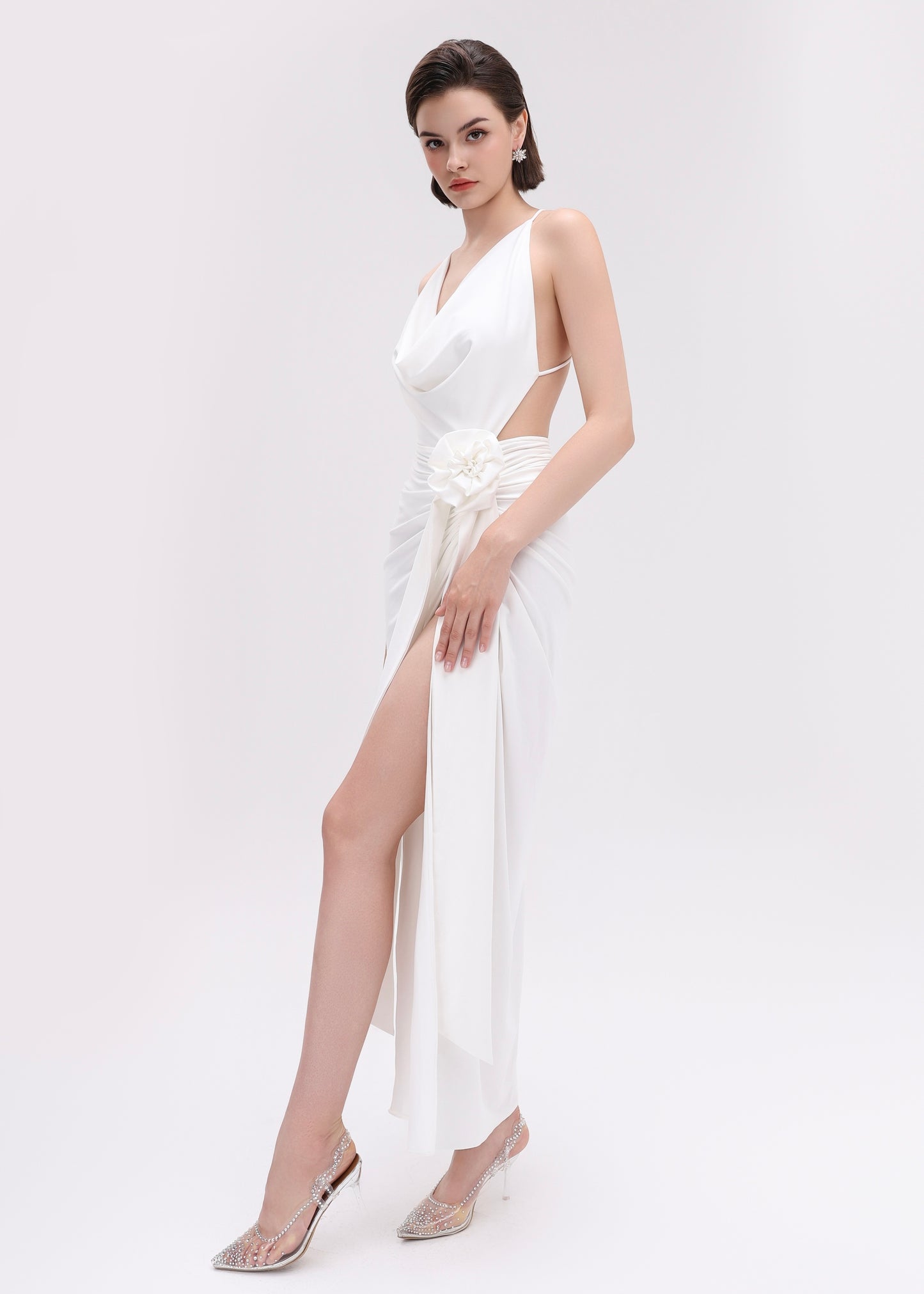 The Grace Dress - A daring, curve-hugging gown with cutouts, a high slit, and a romantic flower detail