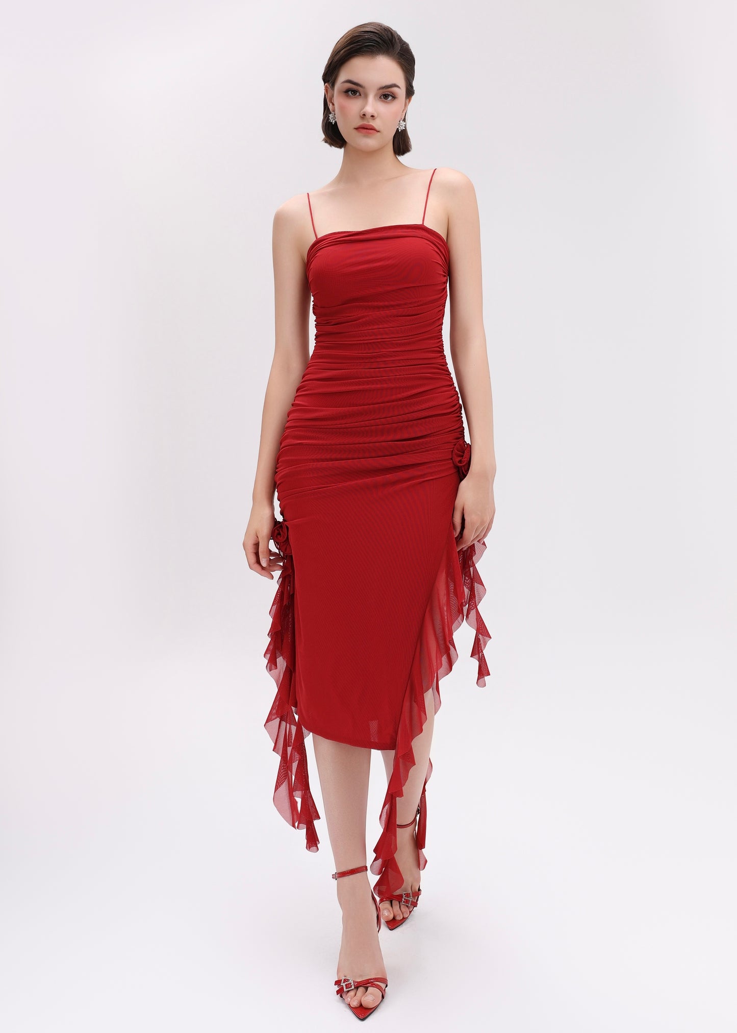 The Rossa Dress - Ravishing Red Ruched Midi Dress with Floral Detail and Cascading Ruffle Slit
