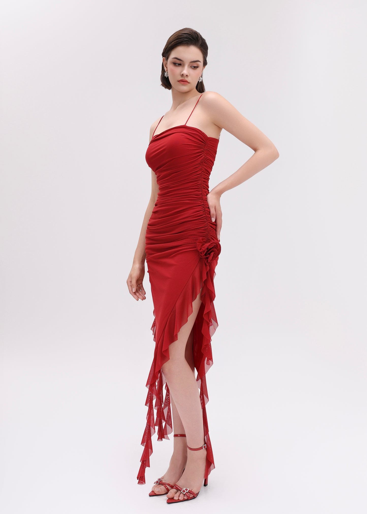 The Rossa Dress - Ravishing Red Ruched Midi Dress with Floral Detail and Cascading Ruffle Slit
