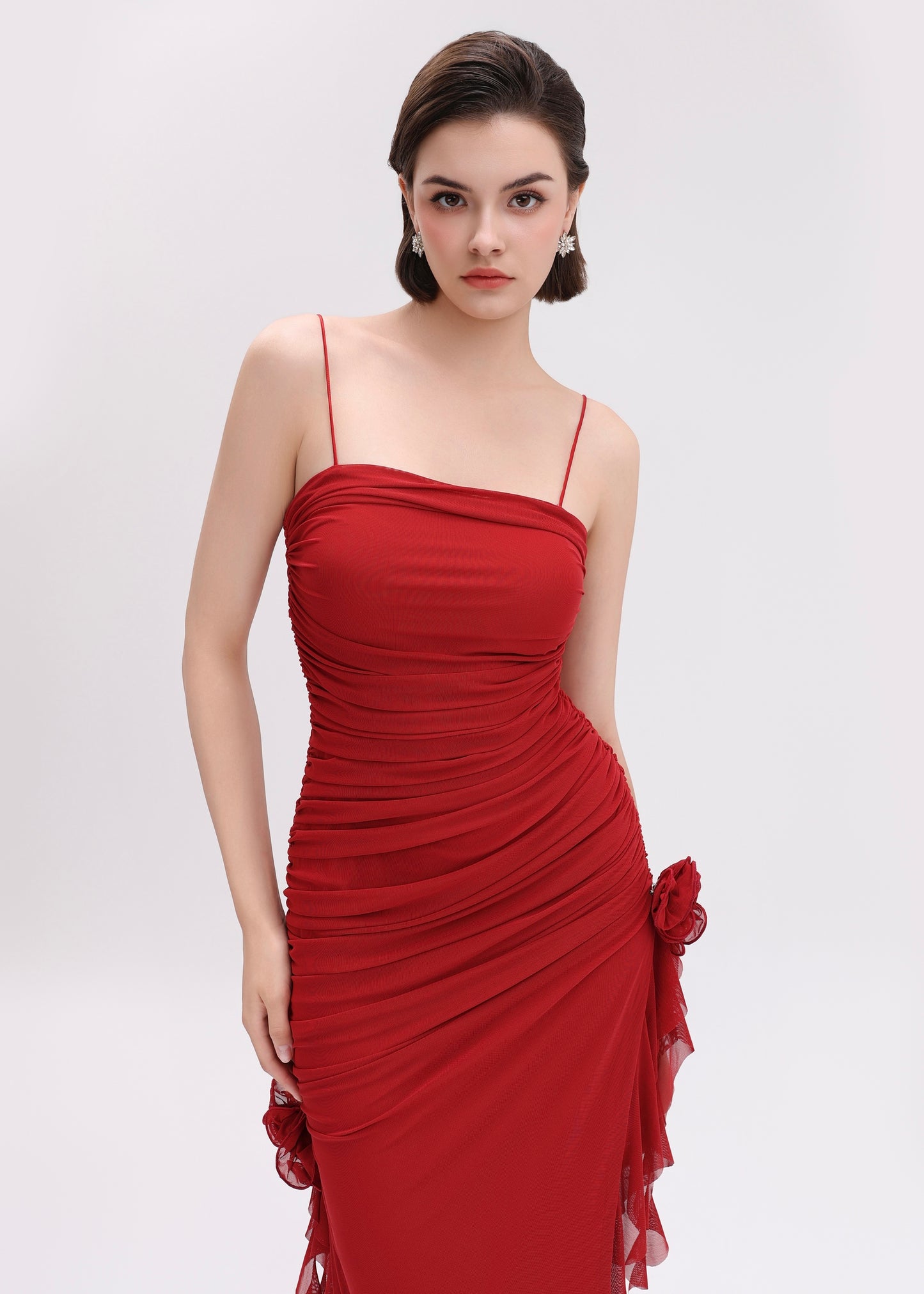 The Rossa Dress - Ravishing Red Ruched Midi Dress with Floral Detail and Cascading Ruffle Slit