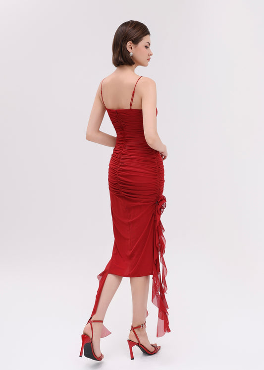 The Rossa Dress - Ravishing Red Ruched Midi Dress with Floral Detail and Cascading Ruffle Slit