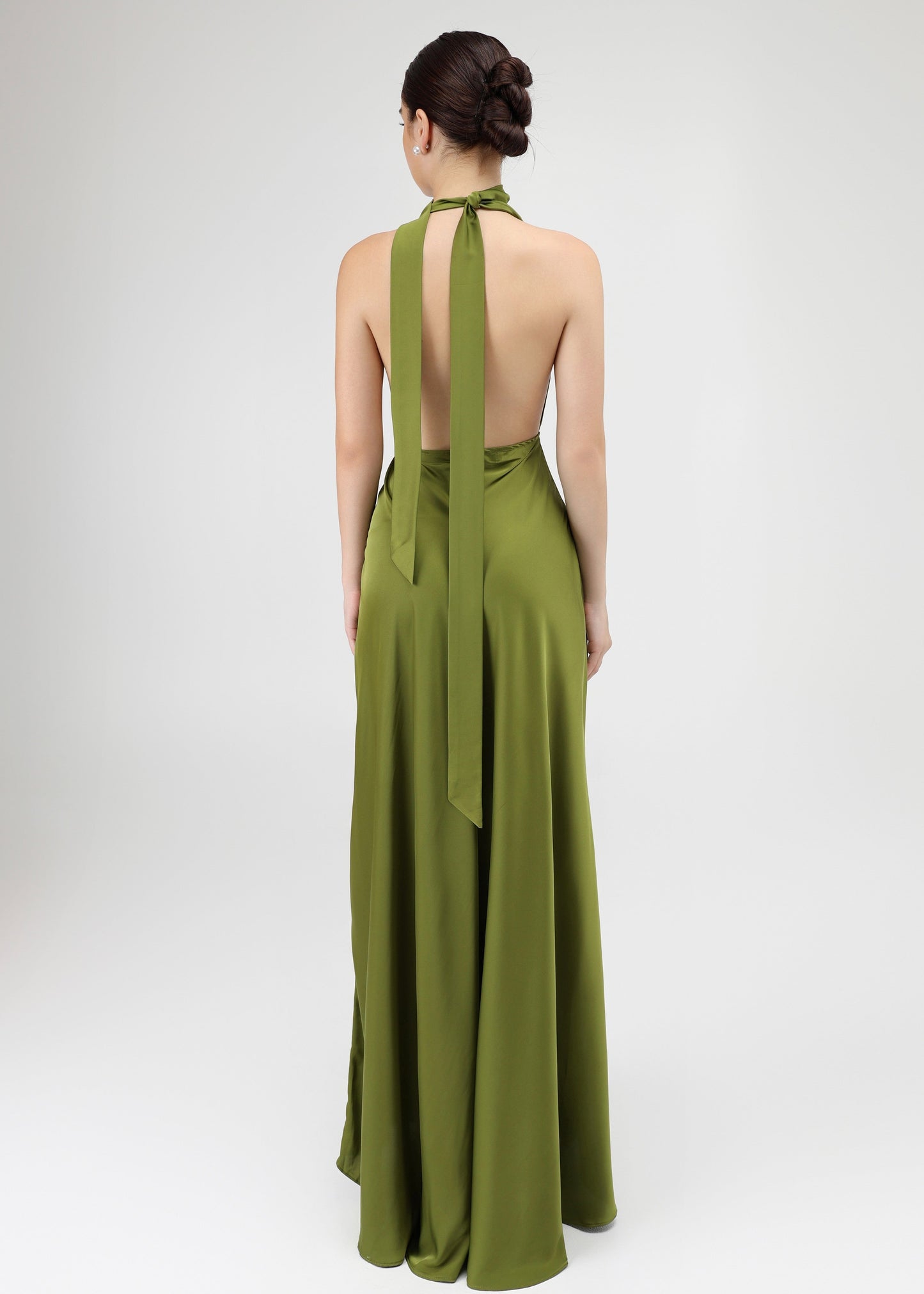 The Vine Dress – Olive Green Silky Plunging Draped Cowl Neck Gown with Open Back