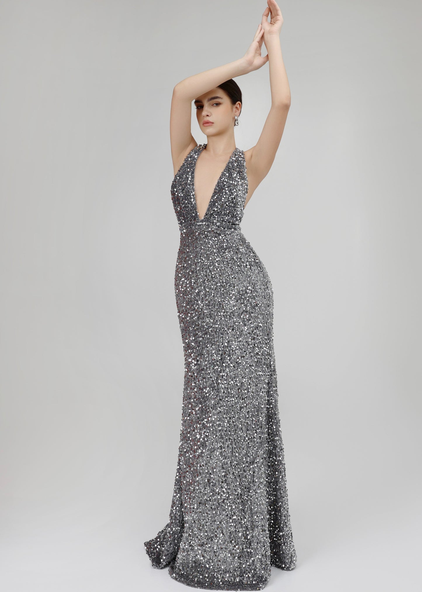 The Allure Dress – Dazzling Silver Sequin Evening Gown with Plunging Neckline