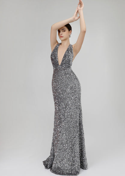 The Allure Dress – Dazzling Silver Sequin Evening Gown with Plunging Neckline
