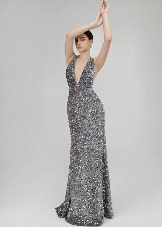 The Allure Dress – Dazzling Silver Sequin Evening Gown with Plunging Neckline