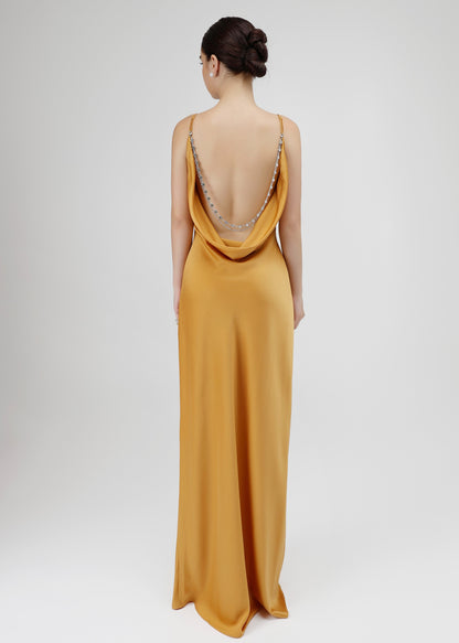 The Aurora Dress - Golden Silk Gown with Draped Cowl Neck and Chain Detail