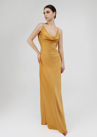 The Aurora Dress - Golden Silk Gown with Draped Cowl Neck and Chain Detail