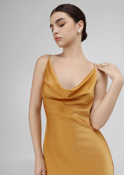 The Aurora Dress - Golden Silk Gown with Draped Cowl Neck and Chain Detail