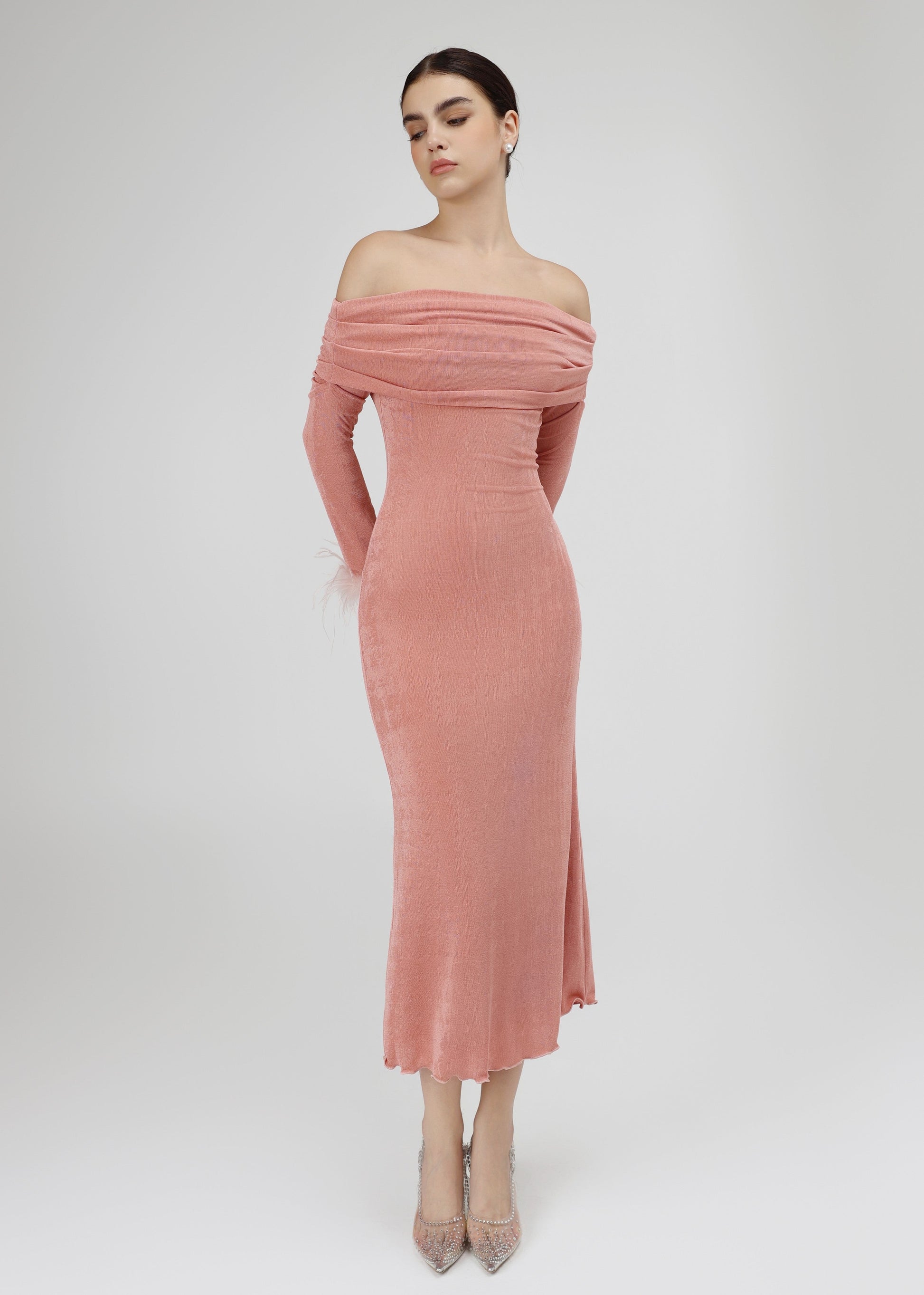 The Blush Dress – Luxe Off-Shoulder Pink Midi Dress with Feathered