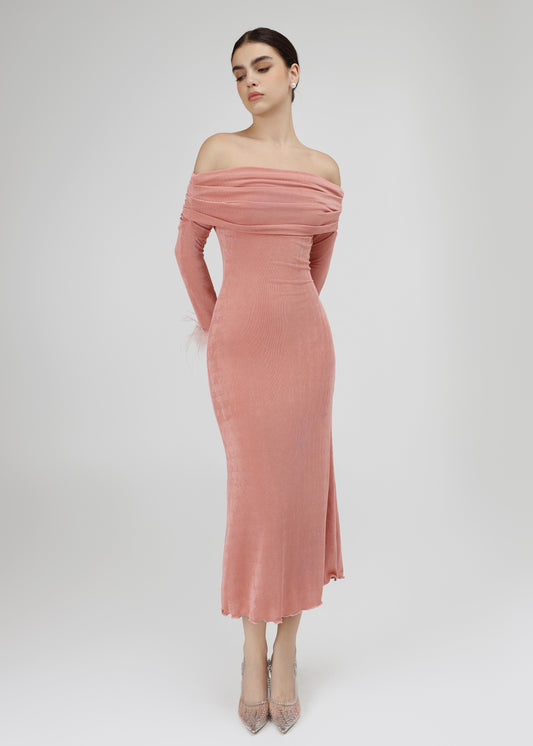 The Blush Dress – Luxe Off-Shoulder Pink Midi Dress with Feathered Sleeves