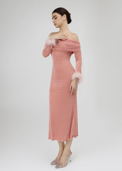 The Blush Dress – Luxe Off-Shoulder Pink Midi Dress with Feathered Sleeves