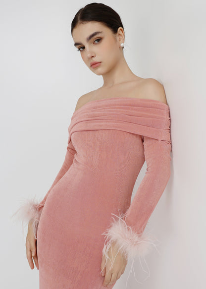 The Blush Dress – Luxe Off-Shoulder Pink Midi Dress with Feathered Sleeves