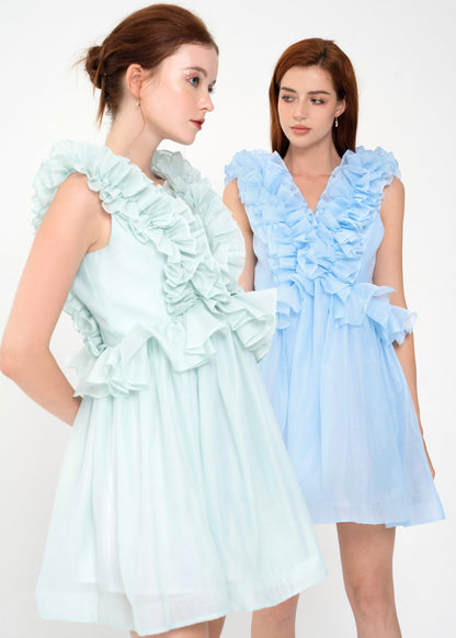 Bubble Gum Dress - Playful Ruffle-Trimmed Babydoll Dress in Airy Pastel Chiffon.