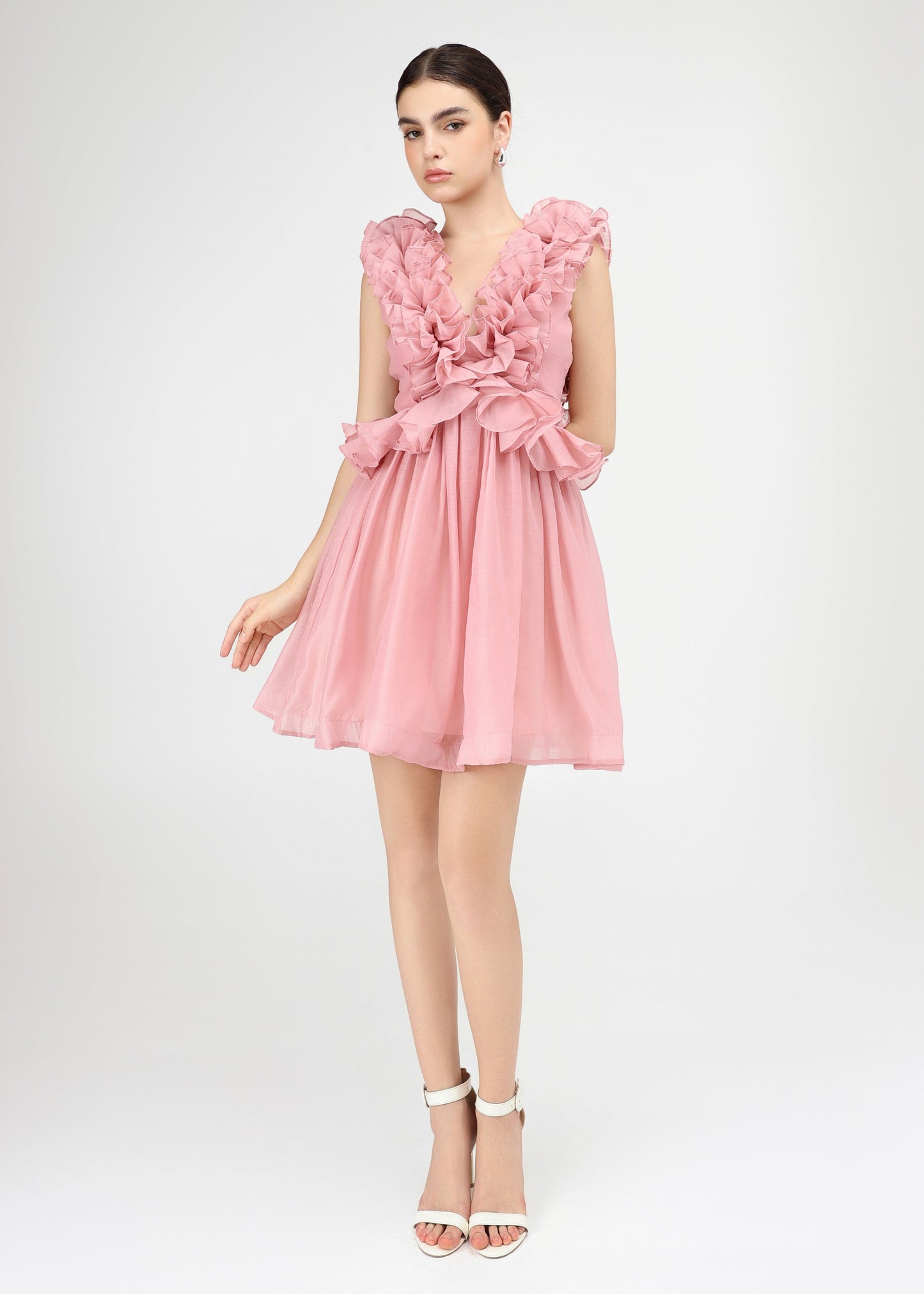 Bubble Gum Dress - Playful Ruffle-Trimmed Babydoll Dress in Airy Pastel Chiffon.
