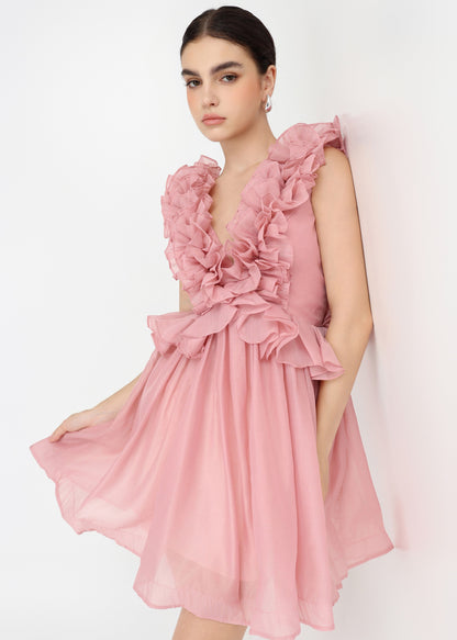 Bubble Gum Dress - Playful Ruffle-Trimmed Babydoll Dress in Airy Pastel Chiffon.