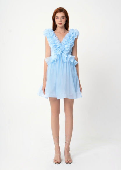 Bubble Gum Dress - Playful Ruffle-Trimmed Babydoll Dress in Airy Pastel Chiffon.