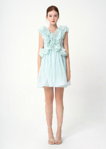 Bubble Gum Dress - Playful Ruffle-Trimmed Babydoll Dress in Airy Pastel Chiffon.