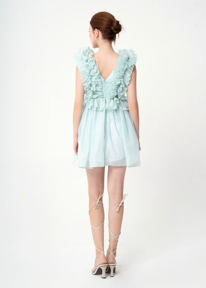 Bubble Gum Dress - Playful Ruffle-Trimmed Babydoll Dress in Airy Pastel Chiffon.