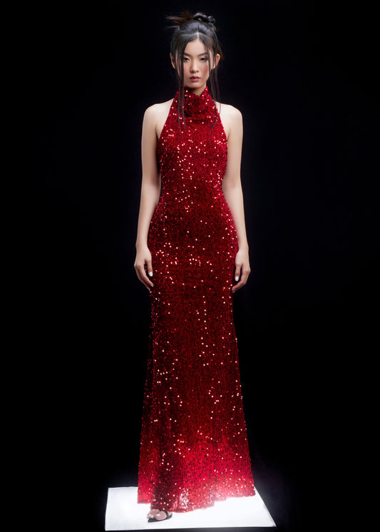 The Empress Dress – Show-stopping Red Sequin Gown with Halter Neck and Fitted Silhouette - Em de Maison