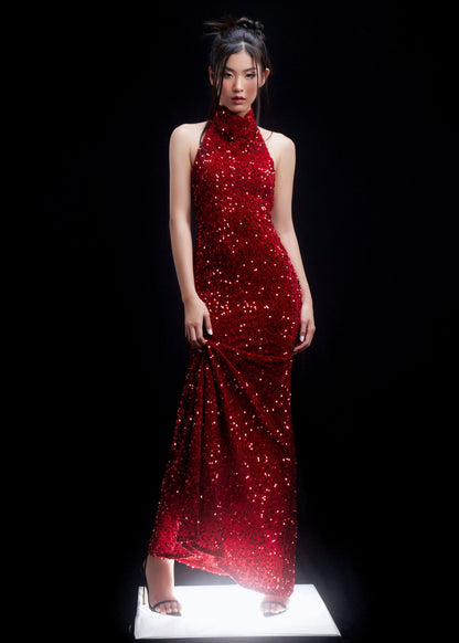 The Empress Dress – Show-stopping Red Sequin Gown with Halter Neck and Fitted Silhouette - Em de Maison