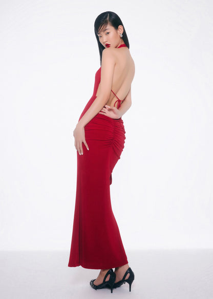 The Envy Dress – Sophisticated Red Bodycon Asymmetric Dress with Chic Floral Detail - Em de Maison