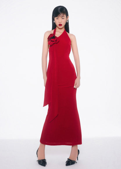 The Envy Dress – Sophisticated Red Bodycon Asymmetric Dress with Chic Floral Detail - Em de Maison
