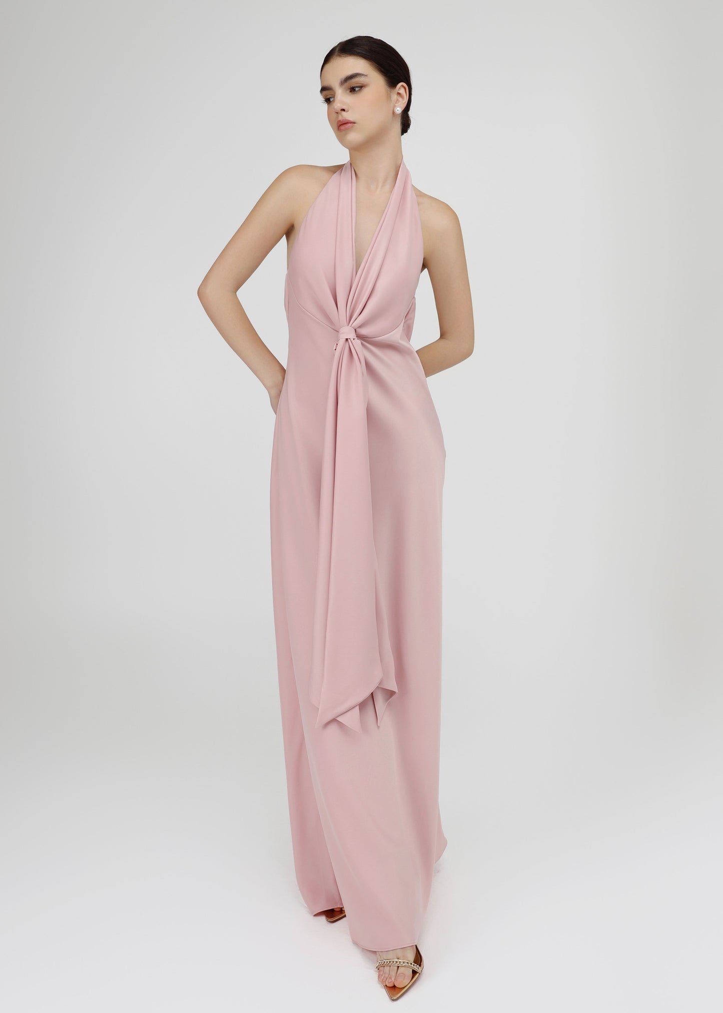 The Essence Dress – Refined Satin V-Neckline Dress with Bow-Tie Detail and Open Back