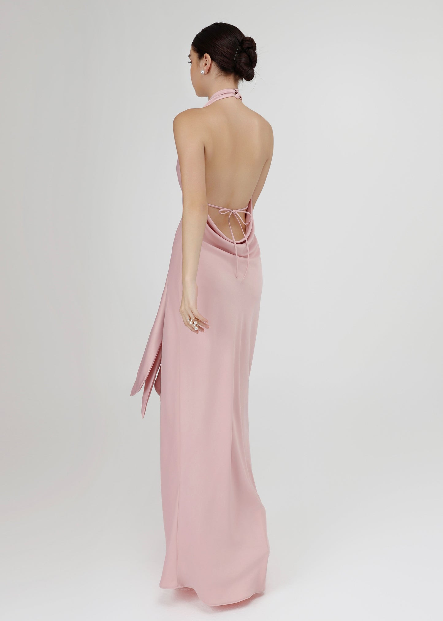The Essence Dress – Refined Satin V-Neckline Dress with Bow-Tie Detail and Open Back