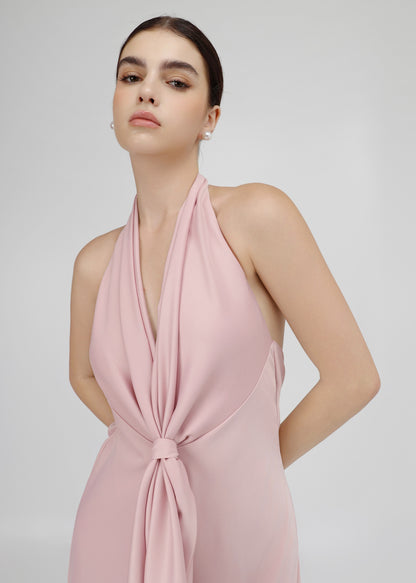 The Essence Dress – Refined Satin V-Neckline Dress with Bow-Tie Detail and Open Back
