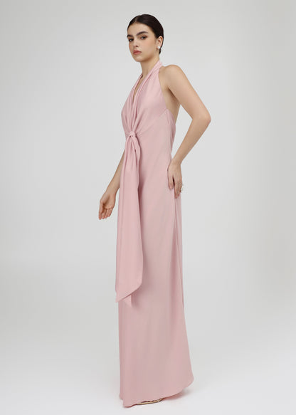 The Essence Dress – Refined Satin V-Neckline Dress with Bow-Tie Detail and Open Back