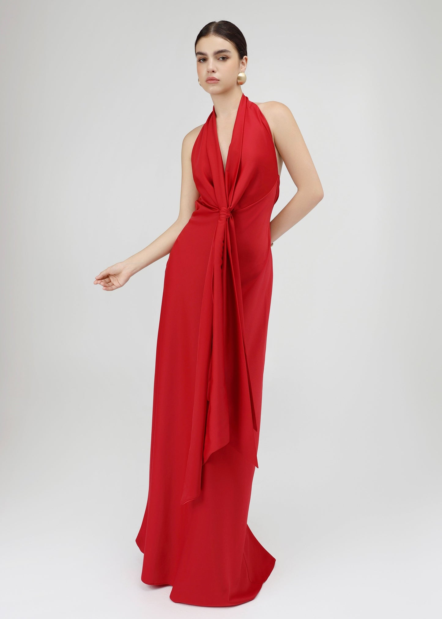 The Essence Dress – Refined Satin V-Neckline Dress with Bow-Tie Detail and Open Back