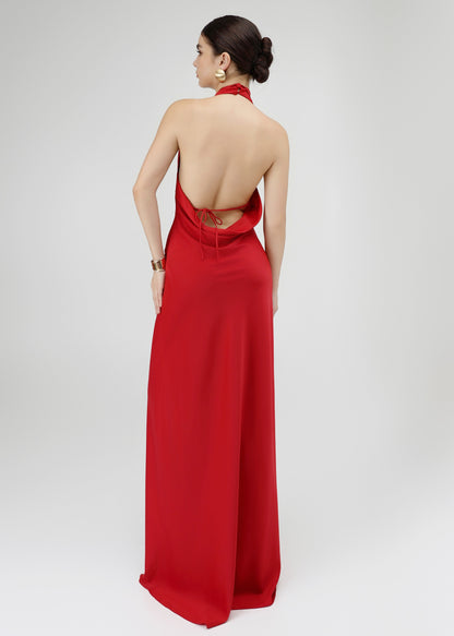 The Essence Dress – Refined Satin V-Neckline Dress with Bow-Tie Detail and Open Back