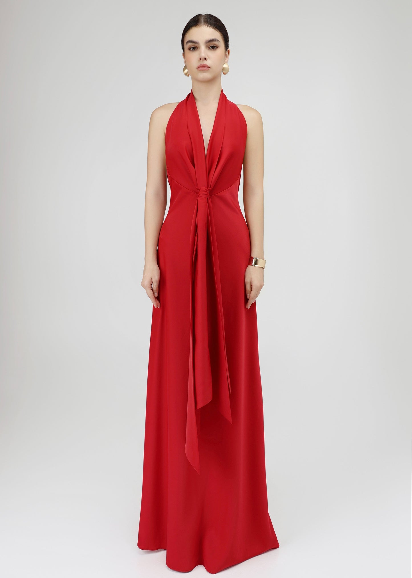 The Essence Dress – Refined Satin V-Neckline Dress with Bow-Tie Detail and Open Back